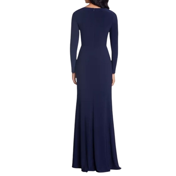 Betsy & Adam Elegant Navy Long Sleeve V Neck Ruched Slit Long Gown NWT Sz 10 - Picture 3 of 7